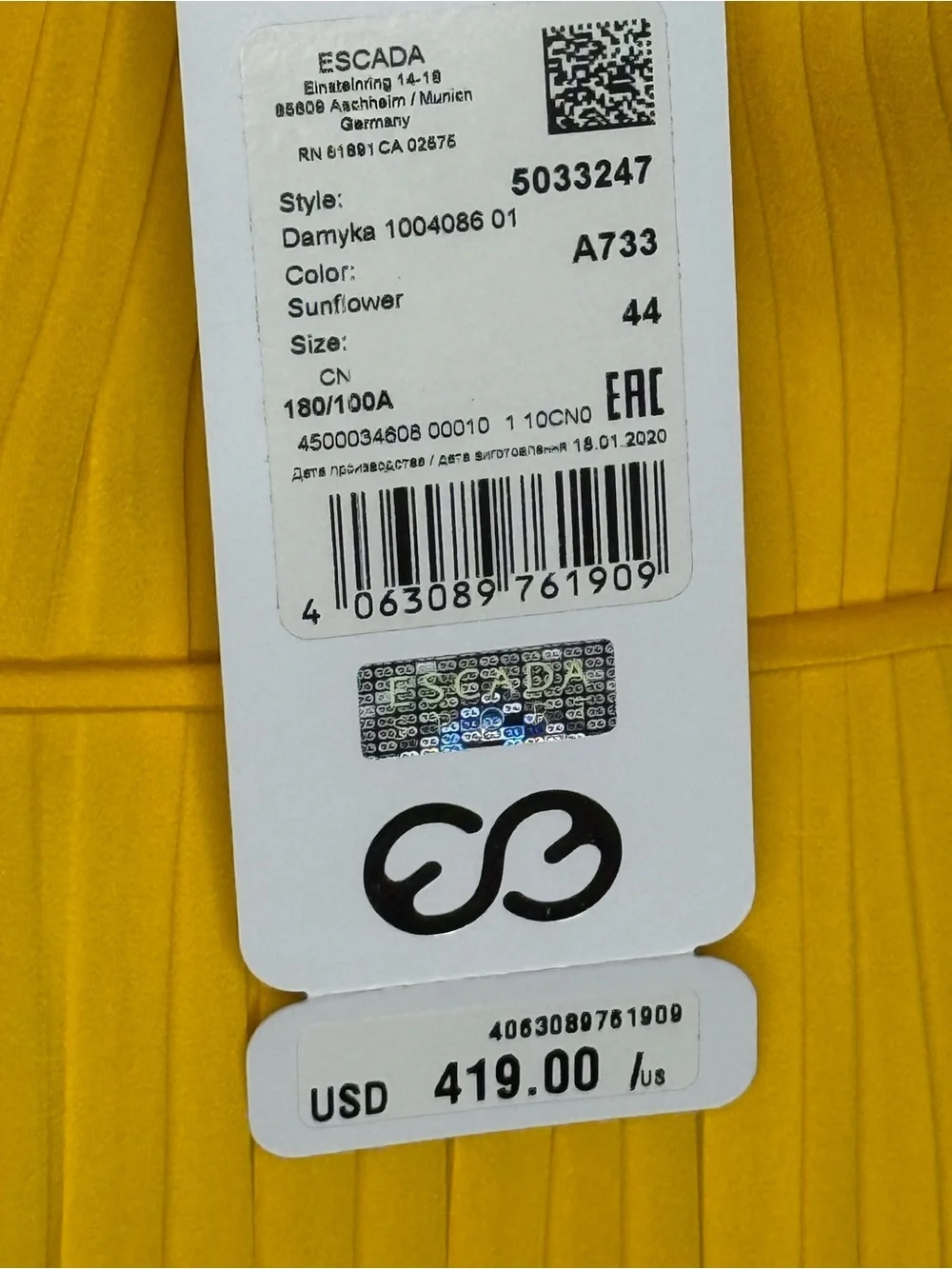 NWT Escada Sport Damyka Sunflower Yellow Pleated Midi Dress Size 44 Designer - Picture 8 of 9